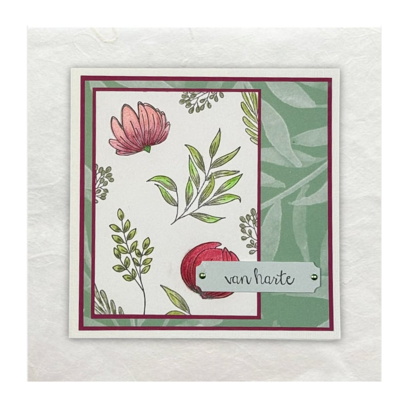 Bloemenknoppen in rood/roze tinten en volop blaadjes op deze verjaardagskaart met de tekst Van Harte.