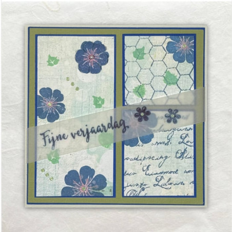 Designpapier gestempeld met bloemen en honingraat. De tekst op doorschijnend vellum maakt er een verjaardagskaart van.