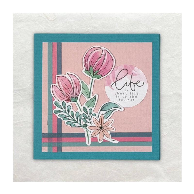 Roze bloemen gecombineerd met Turquois en een prachtig citaat over dat je maar 1 keer leeft.