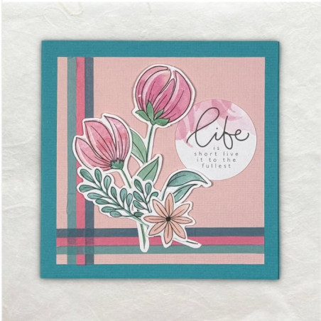 Roze bloemen gecombineerd met Turquois en een prachtig citaat over dat je maar 1 keer leeft.