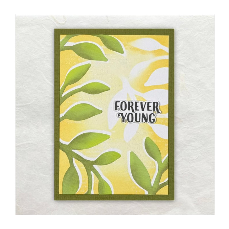 Gesjabloneerde bloembakjes met een schaduweffect in frisse geel groene tinten. De tekst Forever Young is duidelijk.