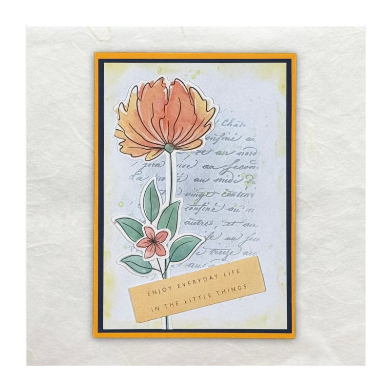 Oranje, geel grote bloem met de contrasterende tekst dat het leven in de kleine dingetjes zit.