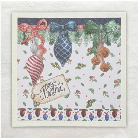 Kerstballen en belletjes in mooi warme tinten met natuurlijk strikjes. Alles in 3D uitgewerkt.