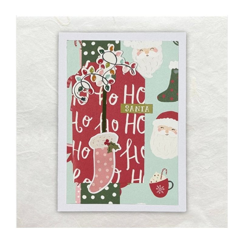 Kerstmannen, kerstsokken en vooral Ho Ho Ho maken duidelijk dat dit een kerstkaart is.