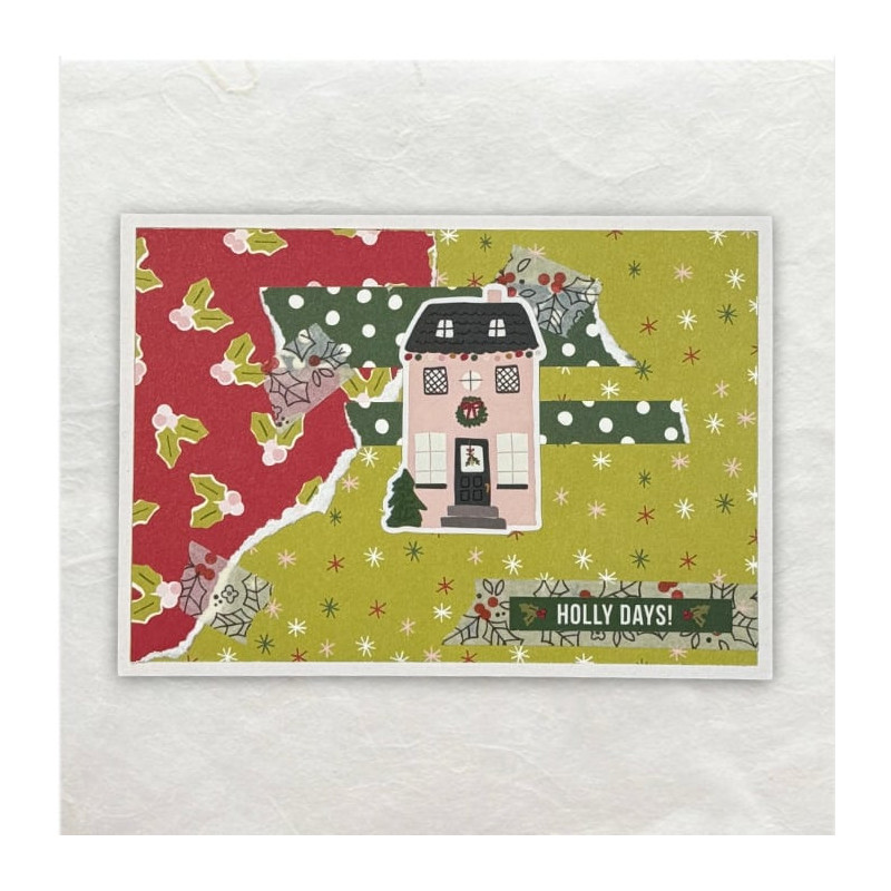 Gescheurd Kerst Designpapier geeft een mooie witte rand. Geplakt met lijm en Washitape.