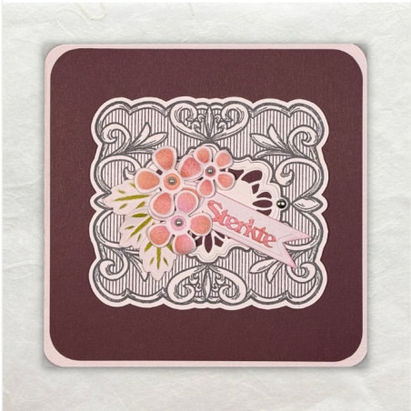 Een stempel met veel aandacht voor detail. De bloemen zijn gestanst, geembost en gesjabloneerd.
