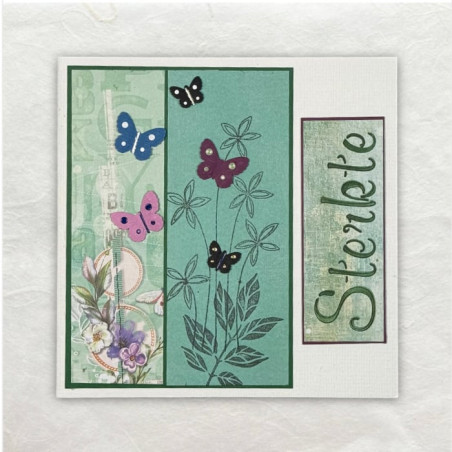 De bloementak is gestempeld. De Vlinders zijn geponst. Het woord Sterkte is gesjabloneerd. De rest is designpapier.