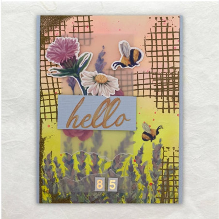 Gestempeld, gestempeld en nog eens gestempeld. De bloemen en hommels zijn uitgeknipte rub-on plaatjes.
