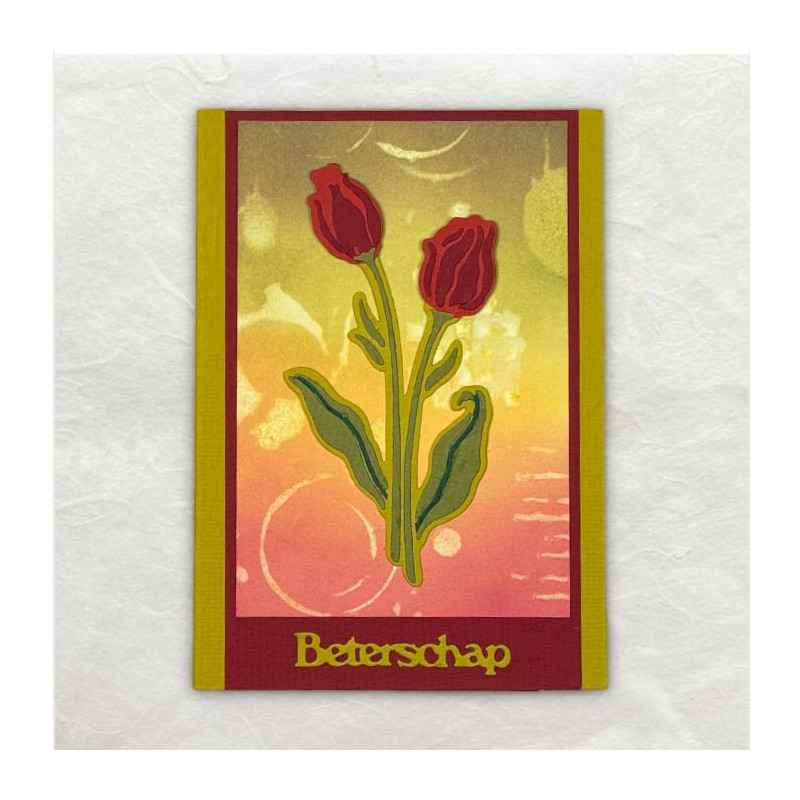 Tulpen in warm rood op een groen, geel, oranje ondergrond voor de zieke.