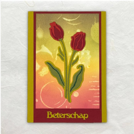 Tulpen in warm rood op een groen, geel, oranje ondergrond voor de zieke.